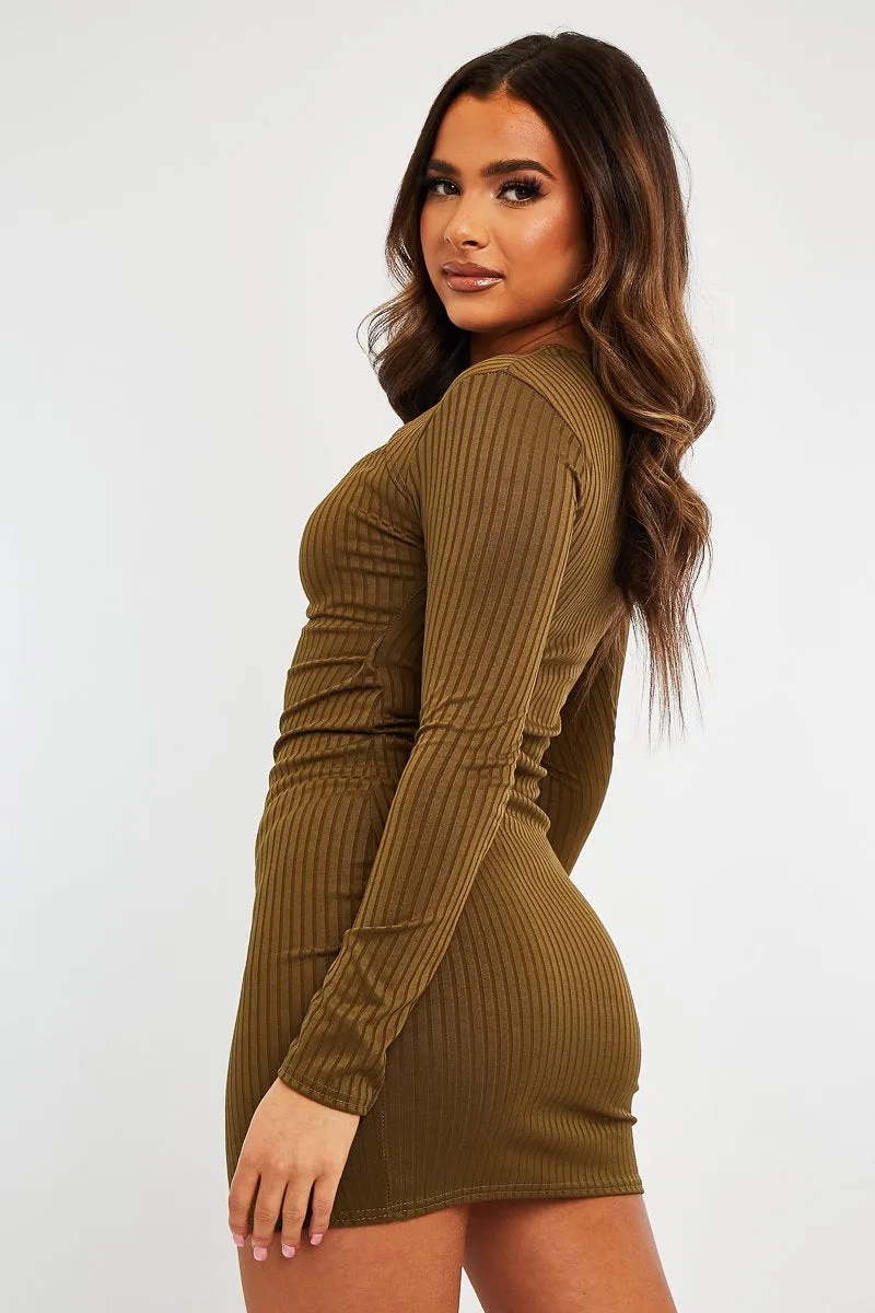 Khaki Ribbed Cut Out Mini Dress - Ayana
